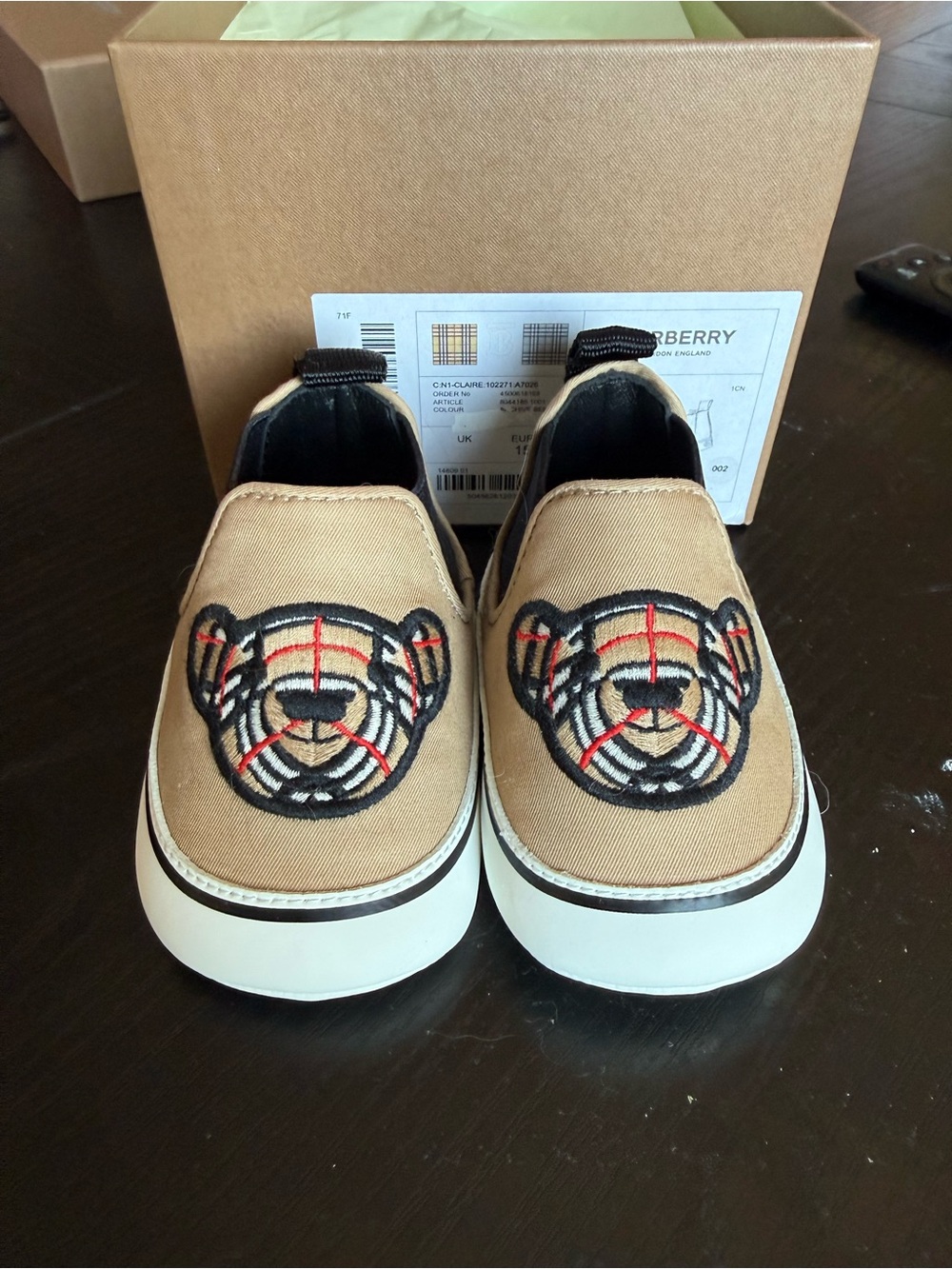 Burberry Beige Canvas Kids Slip-On Shoes with Bear Embroidery